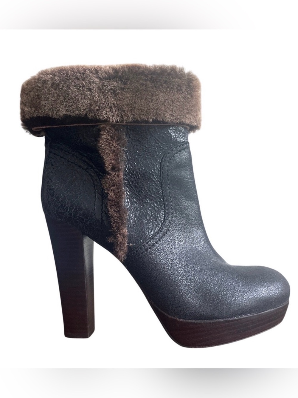 Tory Burch Shearling Cuffed Platform Booties Metallic Leather Fur Trim 8